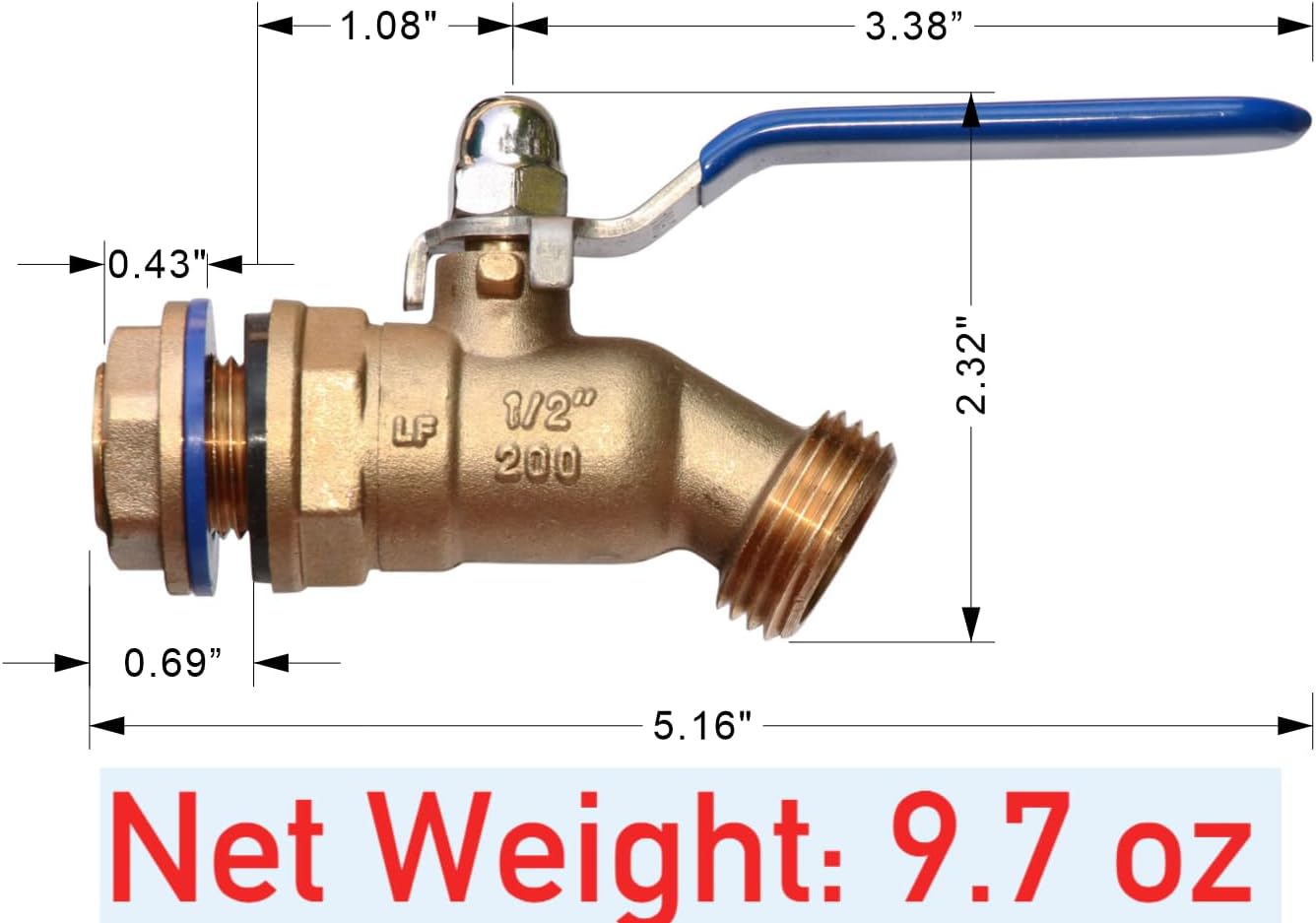 RBS008T LF Brass Rain Barrel Spigot (½” NPS, Full Port, LF Compliant, Quarter Turn Ball Valve With Plastic Wrench/Nut Holder, and Option to Install on Closed Top Barrel with Bung Hole)
