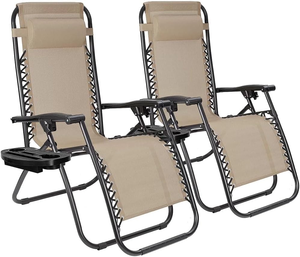 2-Pack Adjustable Zero Gravity Lounge Chair with Steel Mesh Fabric: Reclining Lawn Chair Featuring Comfort Pillow, Cup Holder Tray, and Customizable Recline Positions
