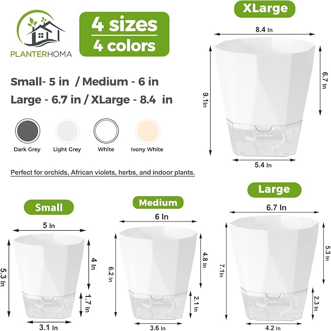 6 Pack Self Watering Pots for Indoor Plants, 8.4 Inches Self Watering Planters Large African Violet Self Watering Clear Pots for Plants Large Herb Orchid Flower Houseplant Pots, White