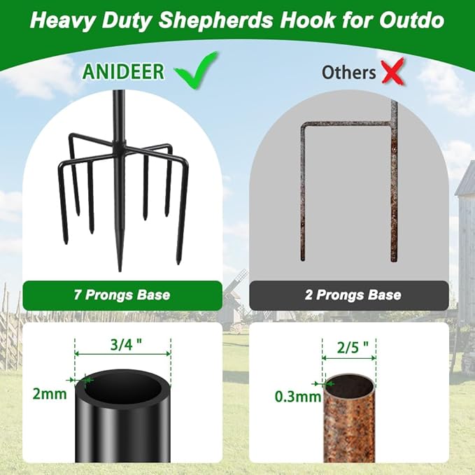 96" Shepherds Hooks for Outdoor, Heavy Duty Garden Bird Feeder Pole Hanging Bird Feeder, Solar Light Lanterns, Outdoor Plant Hanger Hook with 7 Base Prongs, 1 Pack