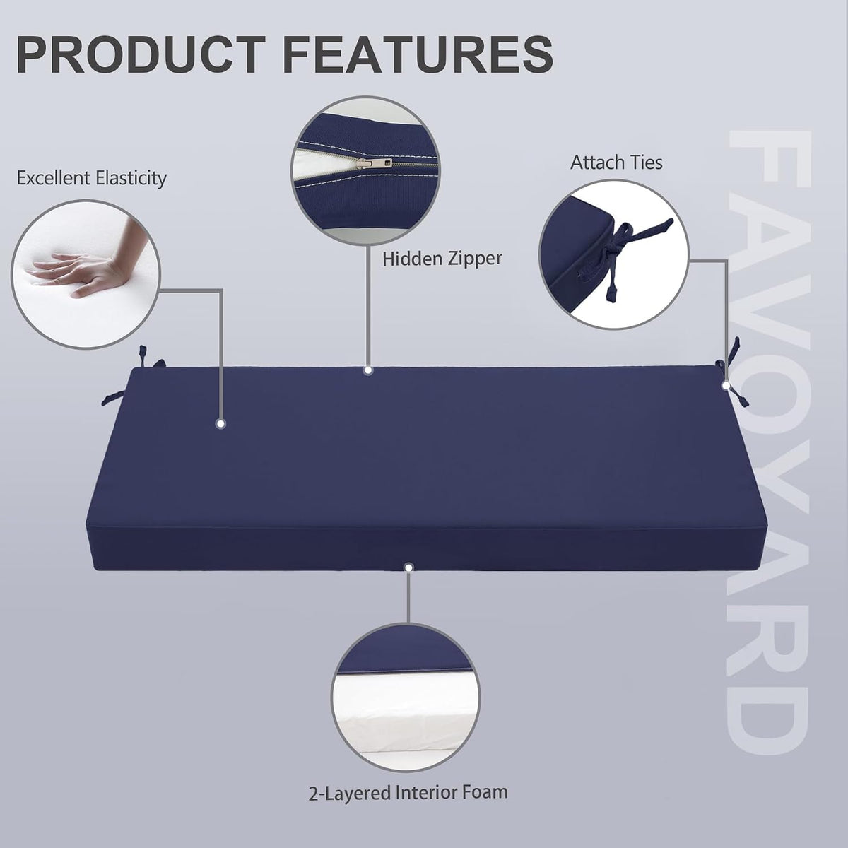 favoyard outdoor bench cushion, 42 x 18 inch showing dimensions