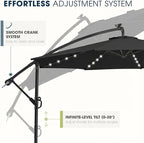 wikiwiki 10ft Solar LED Patio Umbrella with Base Included, Offset Umbrella with Weighted Sandbag Base, Cantilever Patio Umbrellas for Backyard, Garden & Deck, 32 LED Lights & Polyester Shade, Black