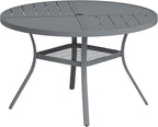 VICLLAX Round Patio Table with Adjustable Umbrella Hole for 6, All Weather Metal Outdoor Dining Table for Lawn Garden, 47.2" Outdoor Coffee Table, Grey Tabletop