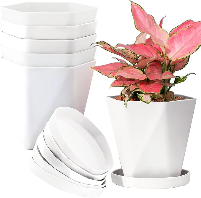 InmeRun Plant Pots Indoor Plastic Flower Pots Outdoor 7 inch Set of 12 Pack with Drainage Holes and Saucers for Garden Pots (7 in 12 White)