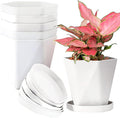 InmeRun Plant Pots Indoor Plastic Flower Pots Outdoor 5 inch Set of 6 Pack with Drainage Holes and Saucers for Garden Pots (5in 6 White)