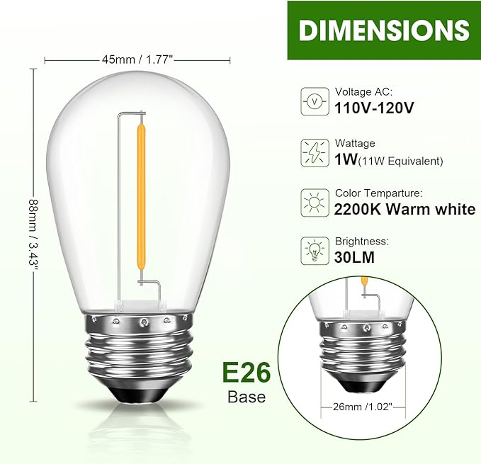 LED S14 Replacement Light Bulbs for Outdoor String Lights, 1W Shatterproof Edison Light Bulbs for Outside Patio Garden, E26 Standard Base, Dimmable, 2200K Warm White, 15 Pack