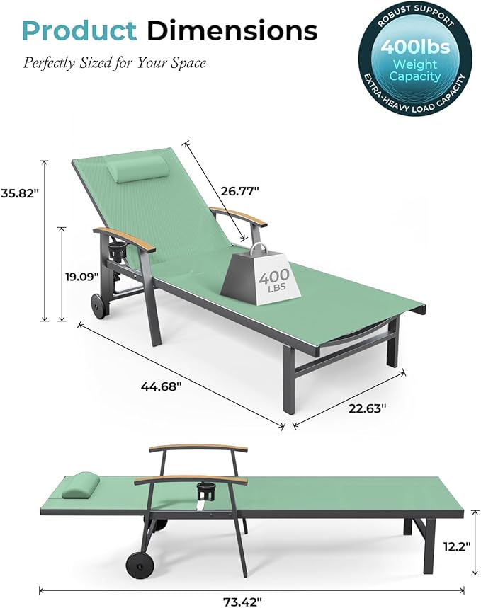 Ciokea Outdoor Lounge Chair with Pillow, 5-Position Aluminum Chaise Lounge with Wheels & Armrests, 400 lbs Heavy Duty Patio Pool Chair for Deck, Backyard, Beach & Poolside, Light Green