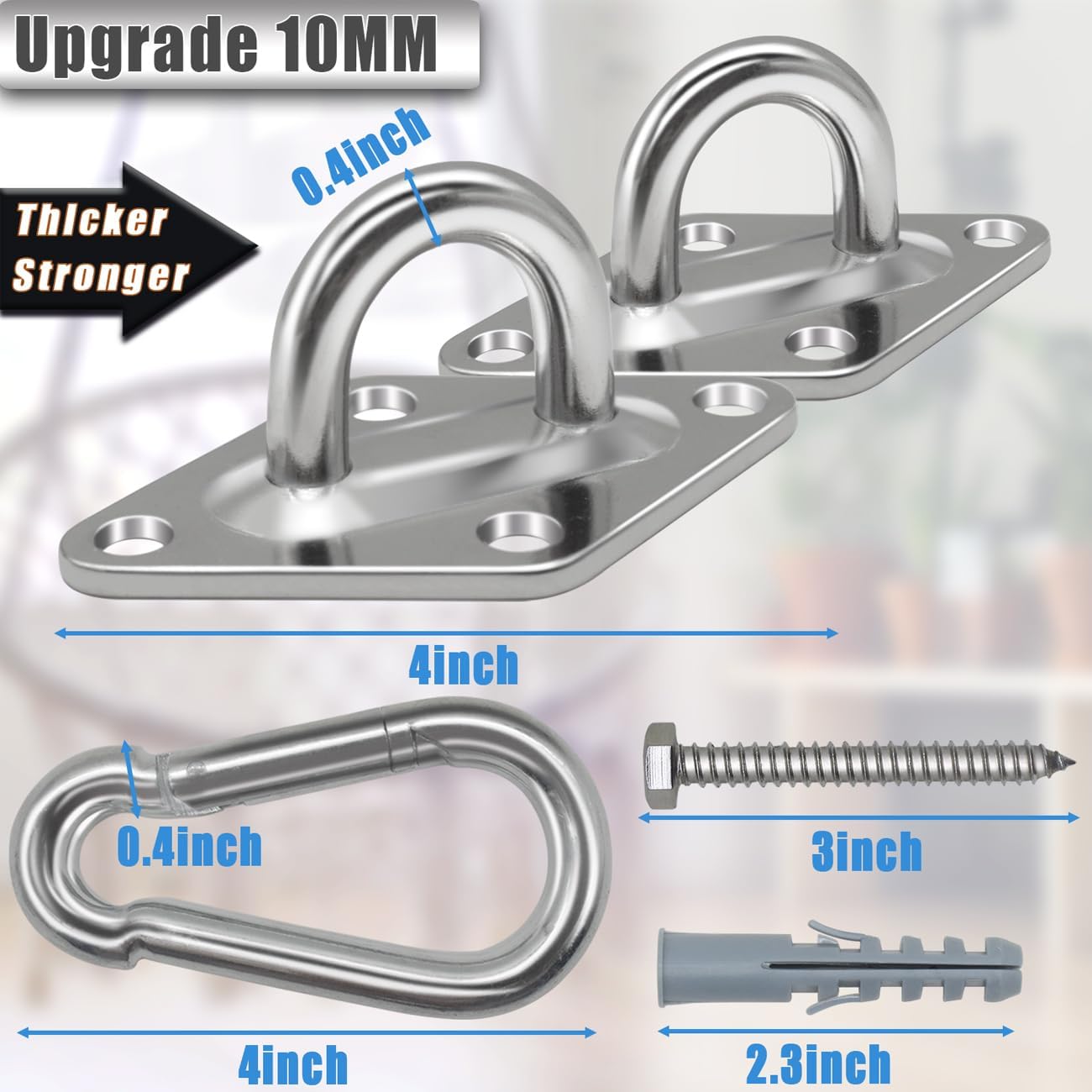 Hammock Hooks Heavy Duty, 1700lbs Capacity Hammock Hanging Kit, 2pcs 10MM 304 Stainless Steel Pad Eye Hooks for Porch Swing Hanging, Hammock Chair, Wall Ceiling Mount Hanger Indoor & Outdoor (Silver)