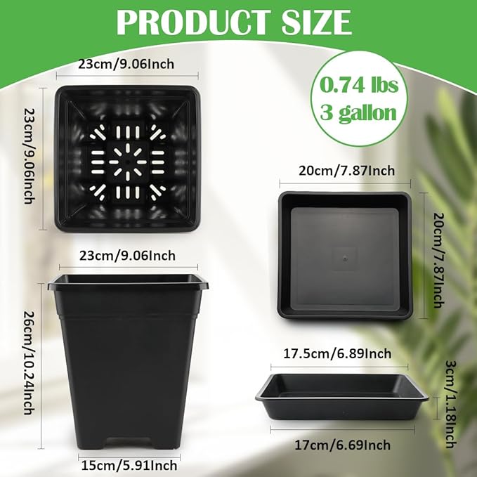 BTPLASTIK 9 Inch Square Planters for Indoor Plants, 8 Pack Large Plastic Plant Pot with Drainage & Saucer, 3 Gallon Modern Decorative Thick Outdoor Garden Container for Potted Plants