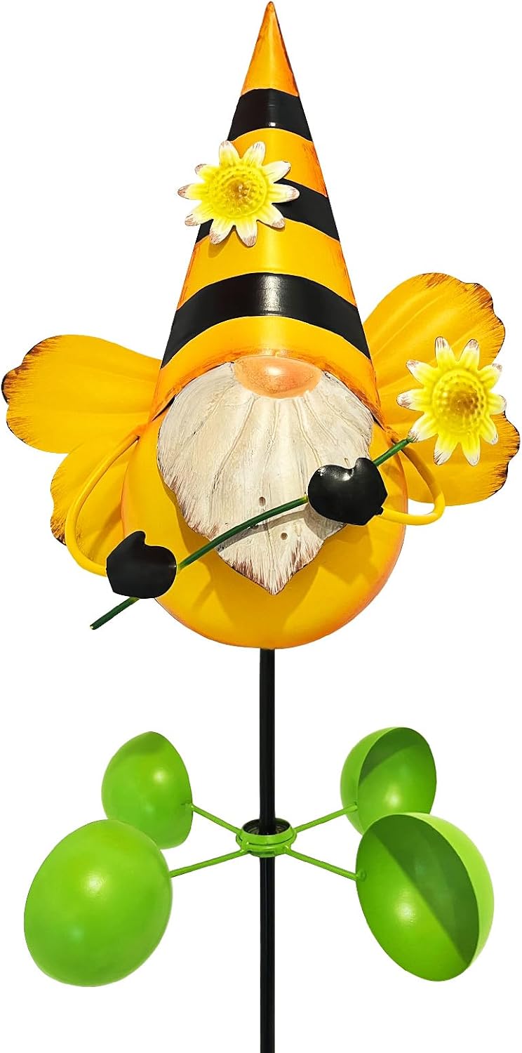 Gnome Metal Yard Art, Gnomes Garden Statue Outdoor Decor, 48 inch Gnome Decorations 360 Degrees Swivel Wind Spinner for Outdoor Patio Garden Backyard Décor - Bee