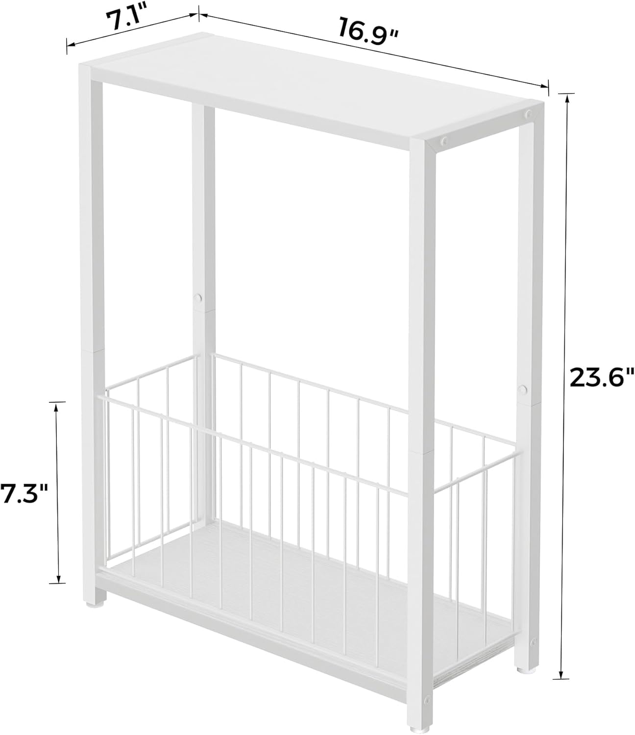 Homleke Narrow Side Table with Magazine Holder, Skinny End Table Perfect for Small Spaces, Space-Saving Design for Living Room, Bedroom, or Office, 7.1" D x 16.9" W x 23.6" H, White