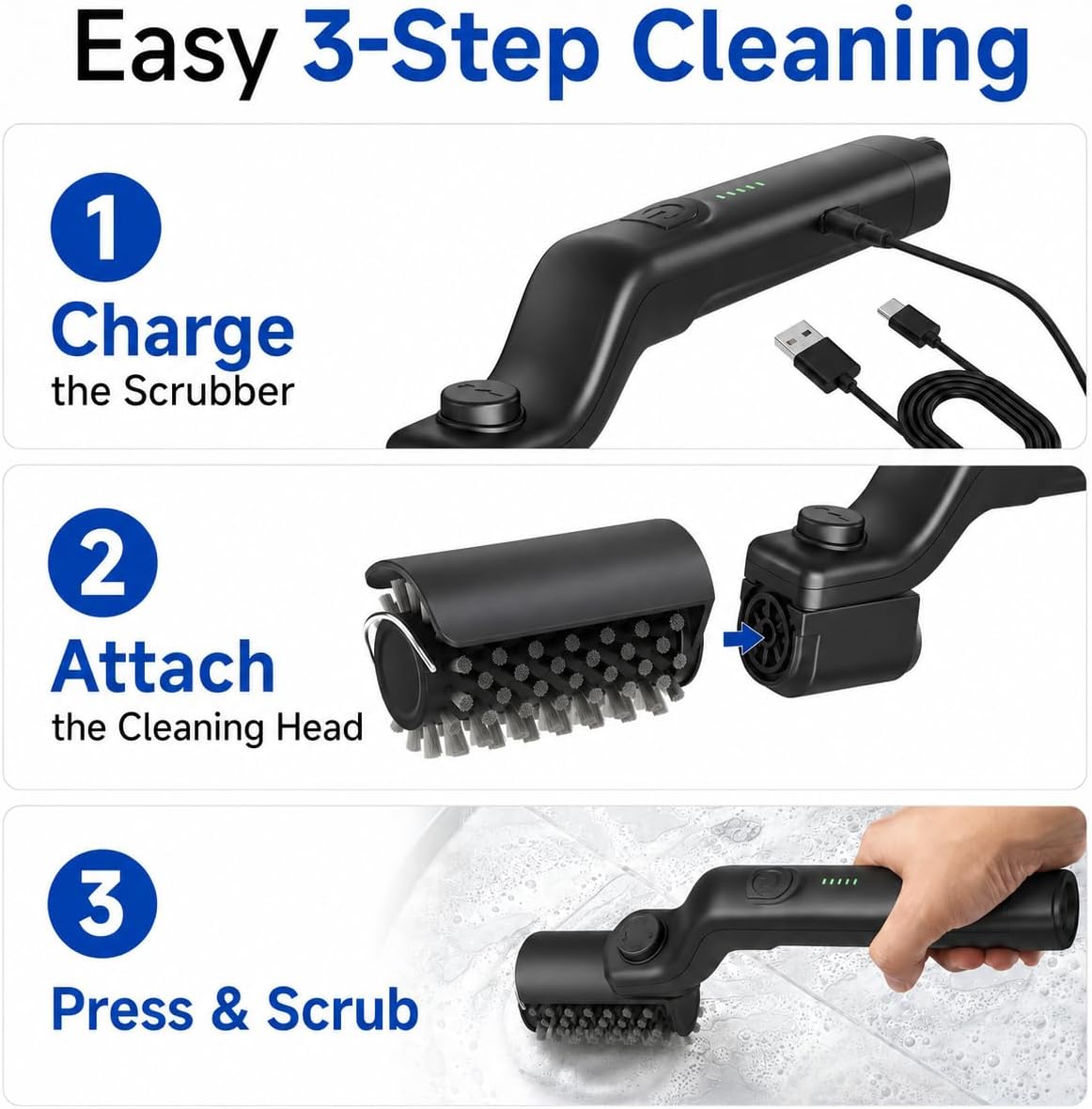Electric Grill Brush, Spin 2-in-1 Electric Barbecue Brush Grill -Black | 2026 Brush with Bristle & Scouring Roller Heads, USB Rechargeable Grill Electric Brush for Grates, Pots, Sink & Stovetop