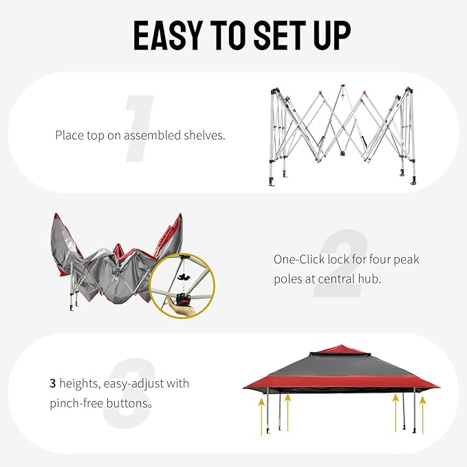 CROWN SHADES 13x13 Pop Up Gazebo, Canopy Tent, Gazebos on Clearance - Outdoor Gazebo for Backyard & Patio Furniture - Carpa Pop Up Tent with Wheeled STO-N-Go Cover Bag (Red & Grey)