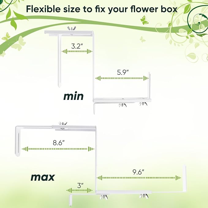 Planter Box Brackets, Adjustable Flower Box Brackets for Deck Railing, 2 Pack No Drill Window Box Bracket for Outdoor Planters-White