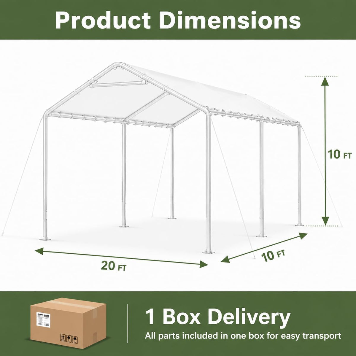 aoxun 10x20 ft heavy duty carport, outdoor portable showing dimensions