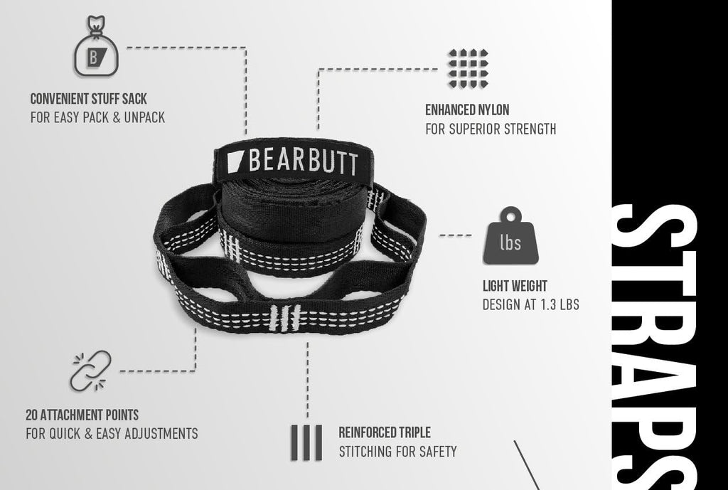 Bear Butt Kodiak Hammock Straps for Trees - 20 Feet Long, 40 Combined Loops - Holds 1000 Pounds - Camping Accessories With Carabiner