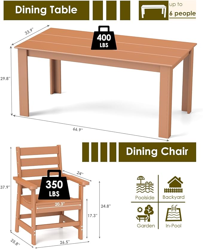 GREENVINES 7-Piece Outdoor Dining Set | HDPE | Patio Table and Chairs Sets for 6 | Patio Furniture | All Weather | Umbrella Hole | Teak | for Backyard Poolside Garden