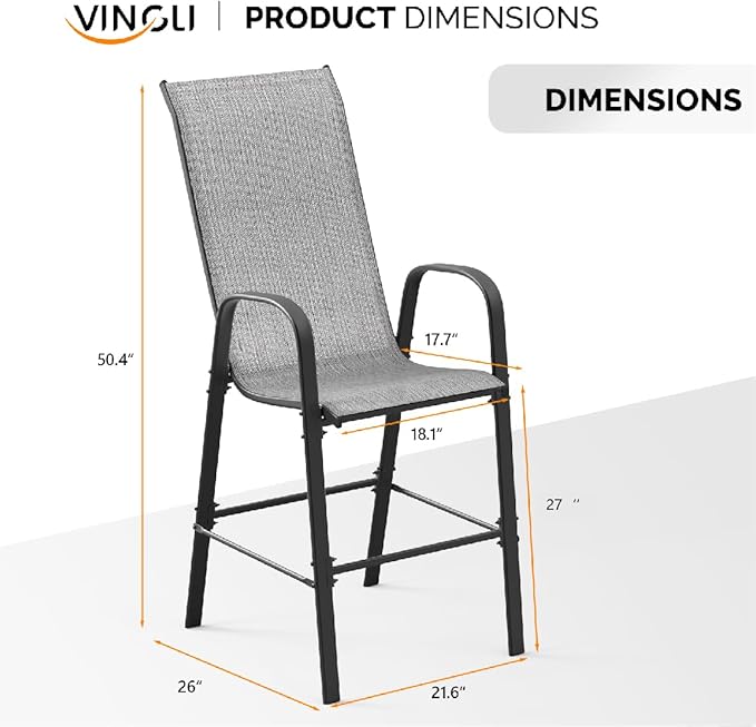 VINGLI Set of 6 Stackable Outdoor Bar Stools – Sling Chairs with High Back & Armrests, for Lawn, Garden, Bar, Grey