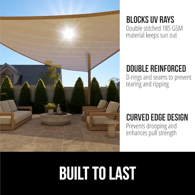 GORILLA GRIP Heavy Duty Sun Shade, UV Protection Fade Tear and Rust Resistant Rectangle Sunshade Canopy, Curved Edges Blocks Sunlight, Breathable Sail, Outdoor Patio, Lawn Garden, 12x12x12, Sand