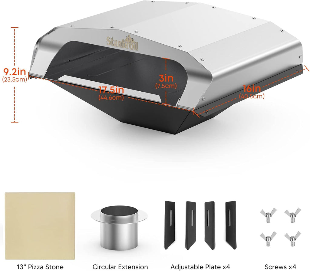 Stanbroil Pellet Grill Pizza Oven Attachment for Traeger, Pit Boss & More | Fits 60+ Pellet Grill Models, Adjustable Support Brackets, Heat-Capturing Extension for Faster Heating, 13" Pizza Stone