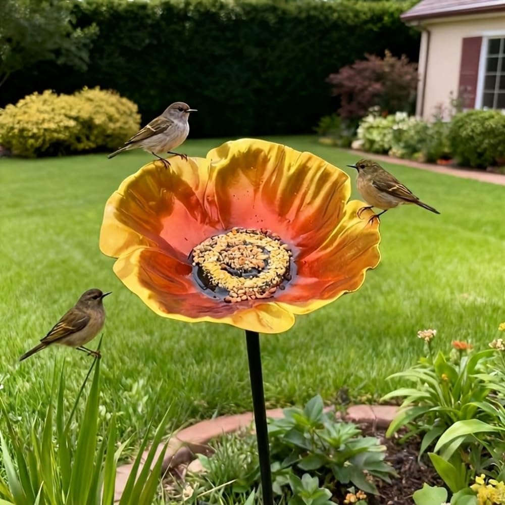 Bath Stake, Metal Flower Shape Garden Bird Feeder, Aesthetic Decor Weather Resistant Detachable Vintage Style Outdoor Birds Bath Lawn Yard(Orange)