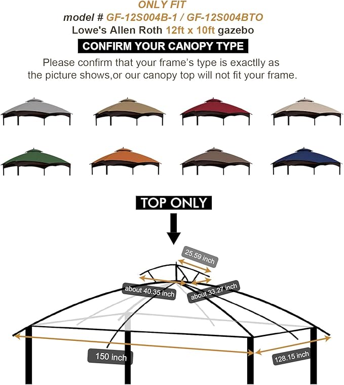 Eurmax USA High Performance Replacement Canopy Top for Lowe's Allen Roth Heavy Duty Gazebo Roof Gazebo Top with Air Vent 10X12 Cover #GF-12S004B-1, Replacement Top Only (Burgundy)