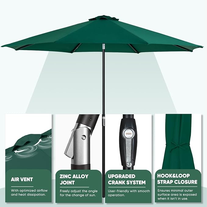 Tempera Patio Market Outdoor Table Umbrella with Auto Tilt and Crank, Large Sun Umbrella with Sturdy Pole & Fade Resistant Canopy, Easy to Set