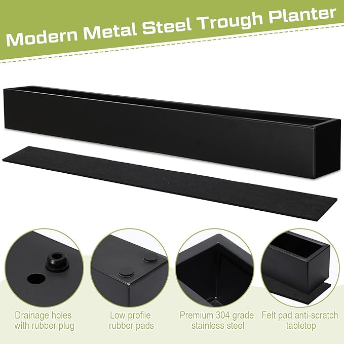 32 x 3.5 x 3.5 Inch Long Rectangular Planter Box Window Sill Plant Box Metal Water Trough Indoor Large Modern Steel with Drainage Holes Herb Garden Home(Black)