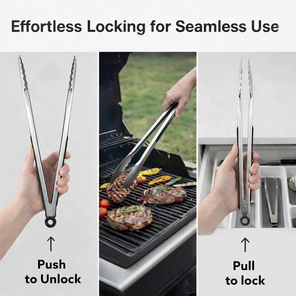 Kona 18-in Stainless Steel Locking Grill Tongs, Heavy-Duty, 1 Pack | Extended 18-in reach, locking design for easy storage, for grill, BBQ, and kitchen