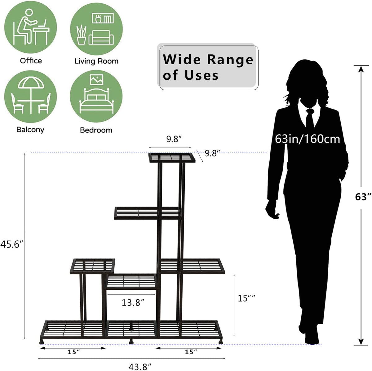twhep heavy duty metal plant stand, 5 tiers showing dimensions