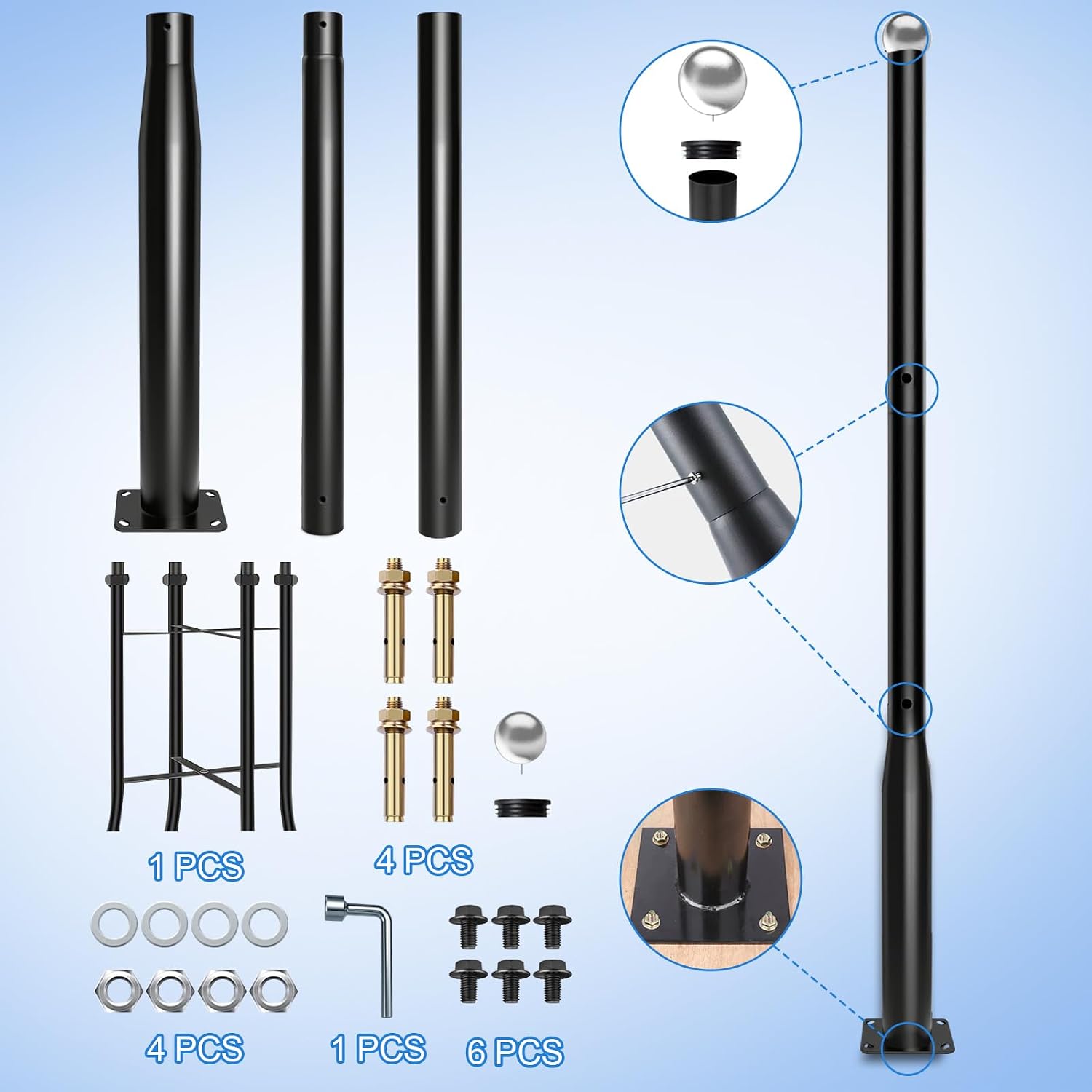 Street Light Pole 10 Ft, Outdoor Adjustable Metal Street Lamp Post for Solar Lights, Heavy Duty Exterior Lighting Pole with Rebar Cage for Backyard, Parking Lot, Patio