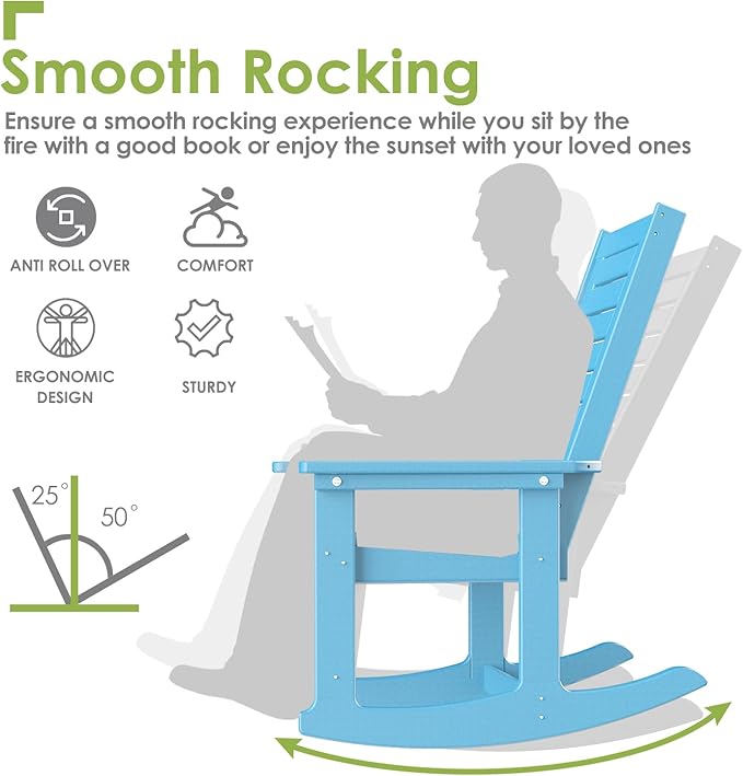 GREENVINES Outdoor Rocking Chair Set | 3-Piece | 2 Rocking Chairs with 1 Side Table | Porch Rocker | HDPE Plastic | Arctic | Patio Furniture Sets | High Back | Big & Tall | Ladder Back