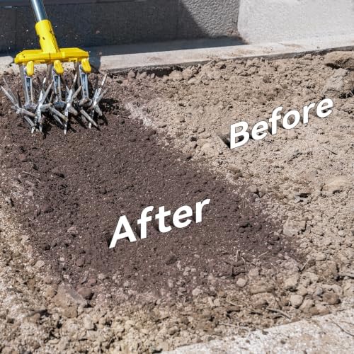 rotary cultivator garden tool with extra-large tines, 74-inch, side view