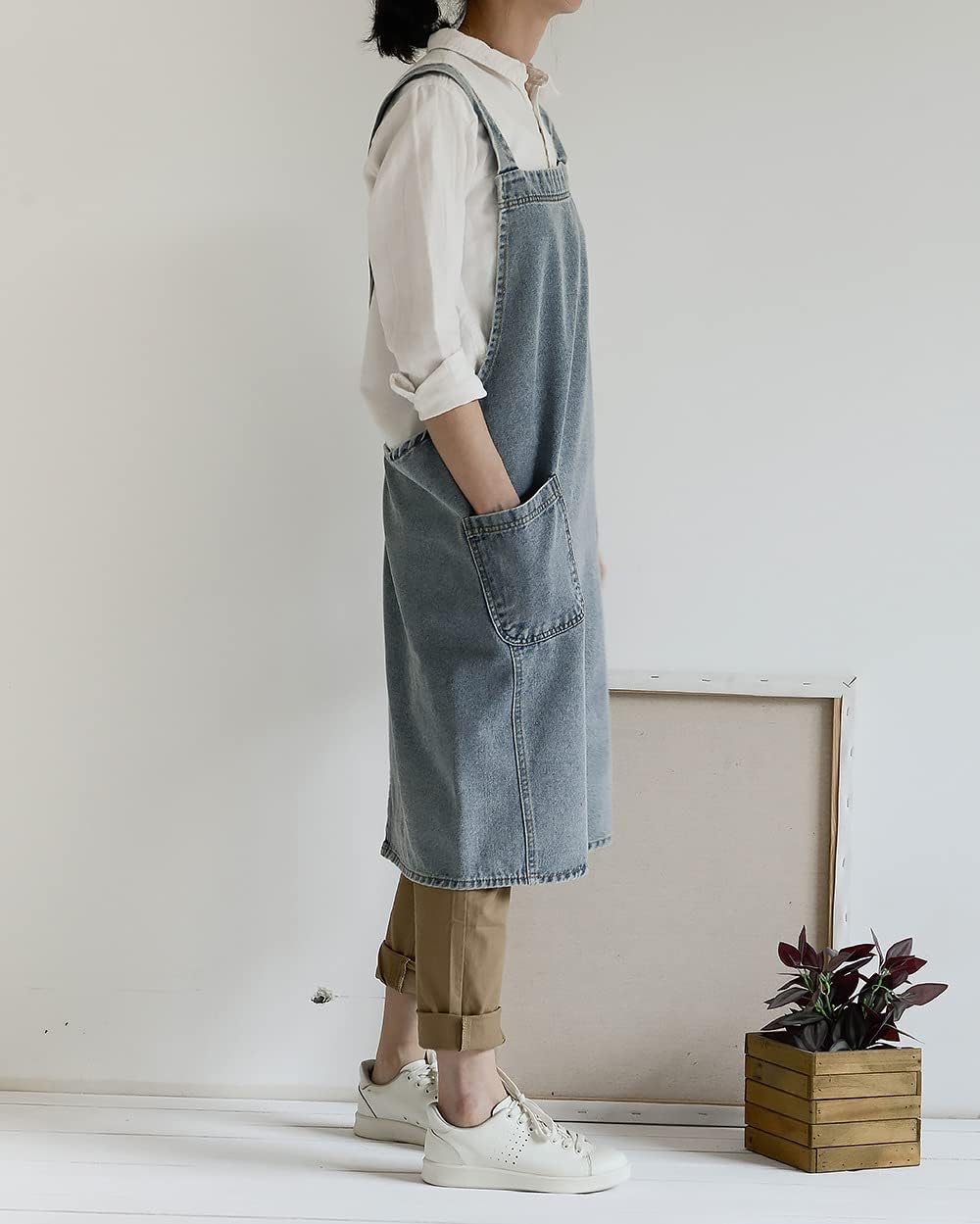 Denim Cotton Canvas Cross Back Aprons Solid Color Shop Kitchen Garden Square Smock for Women Girls with Pockets
