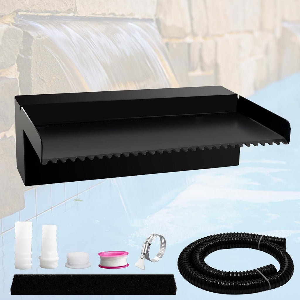 Pamopamo Pond Waterfall Spillway Pool Fountain Water Feature, Black Stainless Steel Outdoor Fountains, Swimming Pool Water Flow Waterfalls Kit for Garden Patio Ponds-11.8"x7.8"x3.9"(NO Light)
