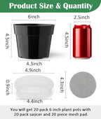 20 Pack Plant Pots, 6 Inch Plastic Plant Planter with Saucers and Mesh Mats, Durable Flower Pots with Drainage Holes Perfect for Indoor Outdoor, Black