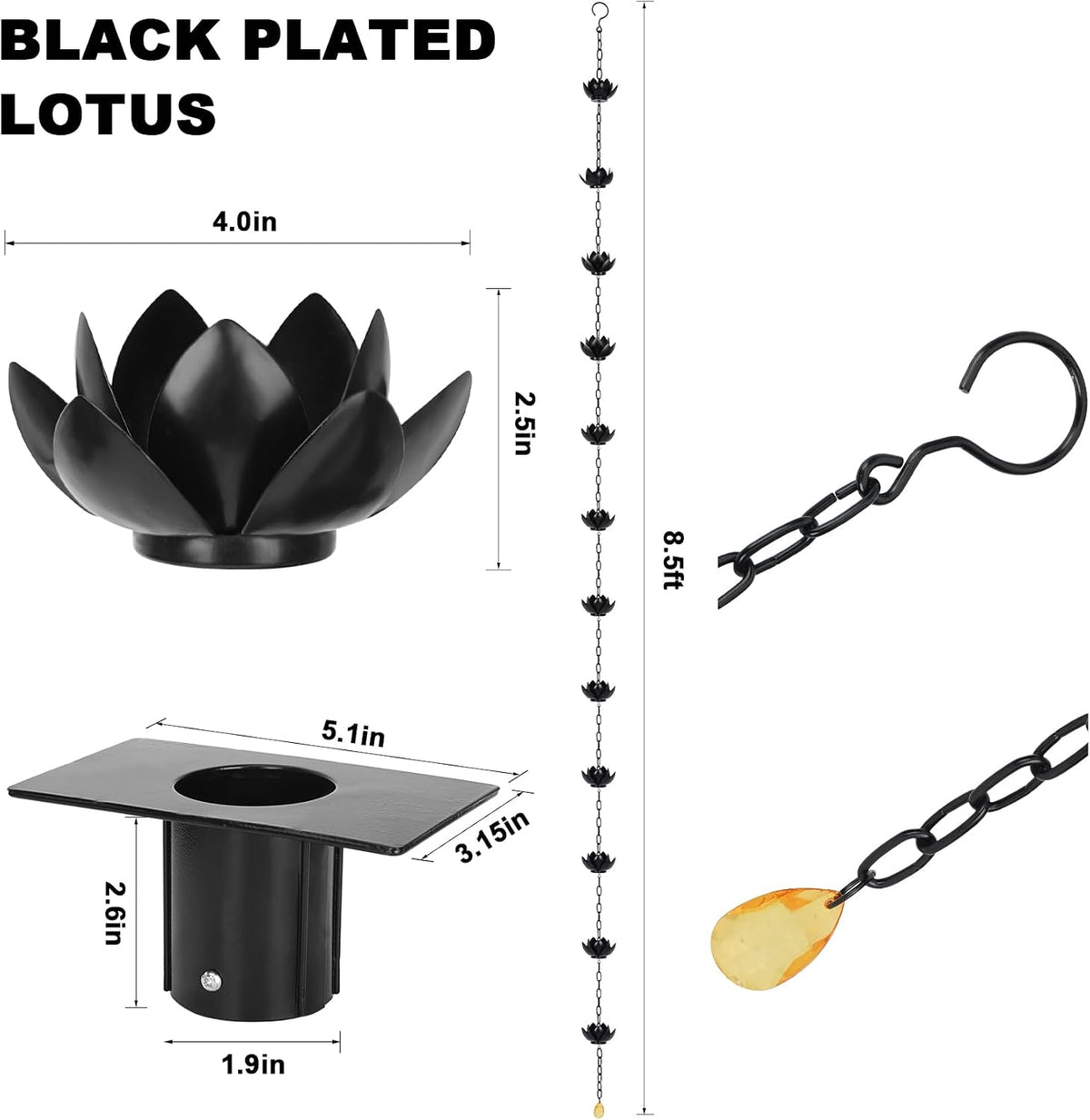 rifachua 8.5ft black lotus rain chain for gutter showing dimensions