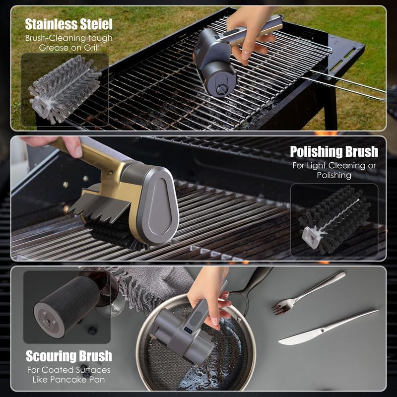 Electric Grill Brush Rechargeable Grill Cleaner 3 Heads 2 Speed 2000 RPM Torque 80KG BBQ Cleaning Brush with Safety Lock Submersible 304 SS Head Splash-Proof Scrubbe IPX7 Waterproof Silvery Black