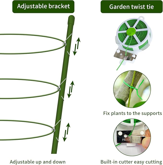 4 Pack Tomato Cage for Garden Plant Support, 24 inches Small Tomato Cages Tomato Trellis with Adjustable Rings, Plant Stakes for Peony Support, Tomato Stakes Rings for Climbing Plants