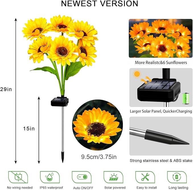 Solar Sunflower Lights 6 Pack with 36 Sunflower Solar Lights Outdoor Garden Decor Birthday Gift for Mom Women Grandma,Waterproof Solar Flower Garden Stake Lights for Yard Landscape Patio Lawn Pathway