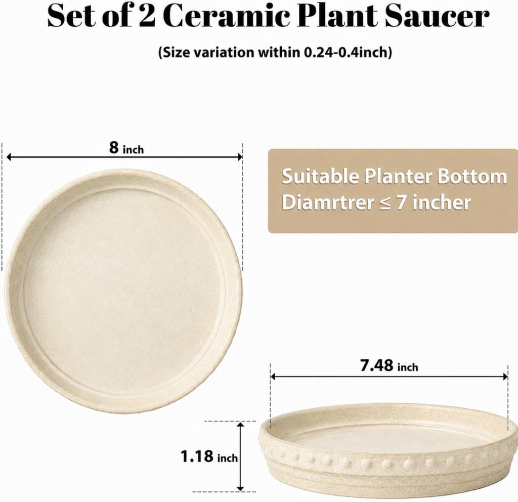 Plant Saucers, Plant Trays to Catch Water, 2 Pcs 8" Ceramic Saucer | Flower Pot Saucers fit pots up to 7", hand-painted antique beige ceramic, catches excess water to protect floors