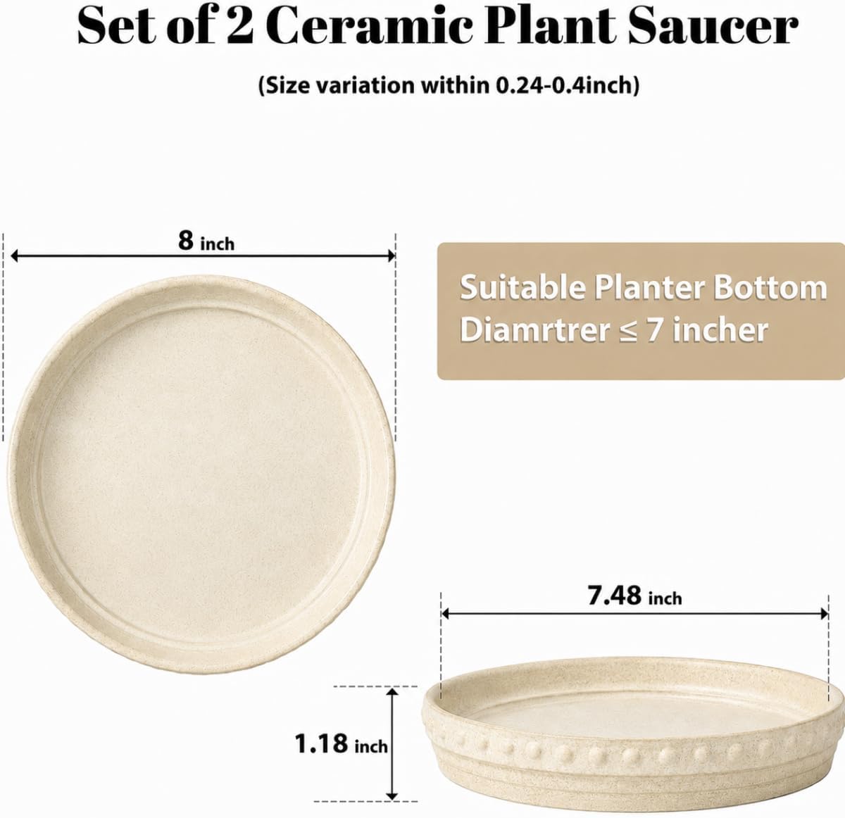Plant Saucers, Plant Trays to Catch Water, 2 Pcs 8" Ceramic Saucer | Flower Pot Saucers fit pots up to 7", hand-painted antique beige ceramic, catches excess water to protect floors