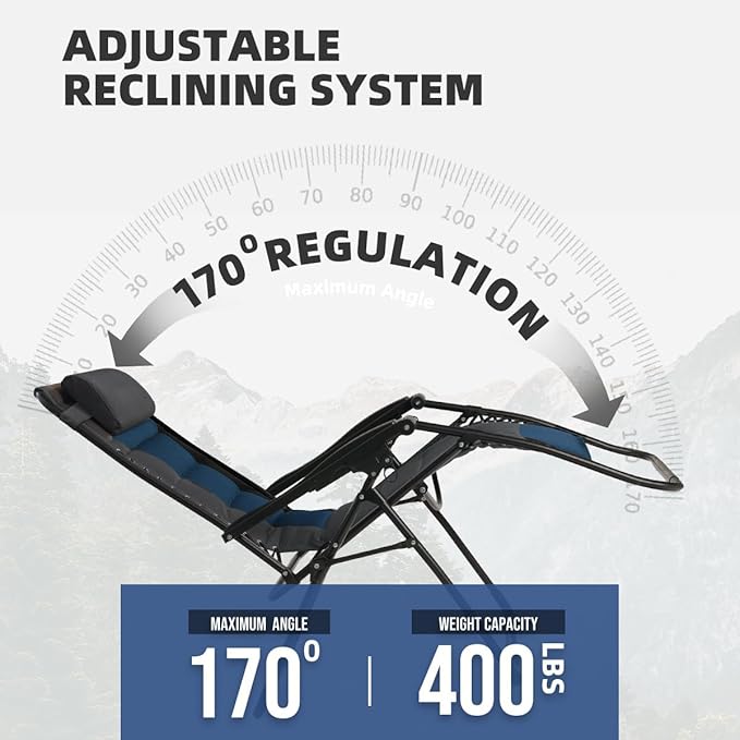 Zero Gravity Chair Set of 2 Oversized Folding Recliner, Padded Anti Gravity Lounge Chair with Adjustable Pillow & Cup Holder for Outdoor Camping, Patio, Poolside, Lawn (Black & Blue)