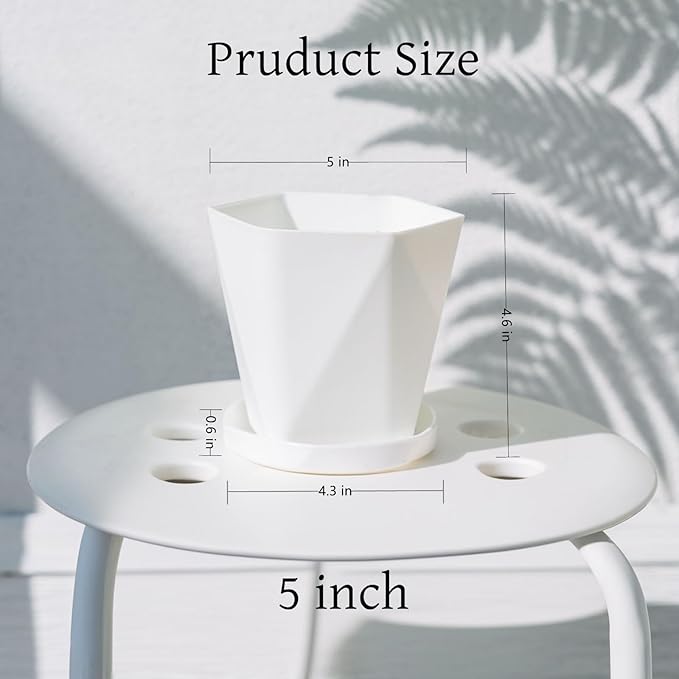 InmeRun Plant Pots Indoor Plastic Flower Pots Outdoor 5 inch Set of 6 Pack with Drainage Holes and Saucers for Garden Pots (5in 6 White)