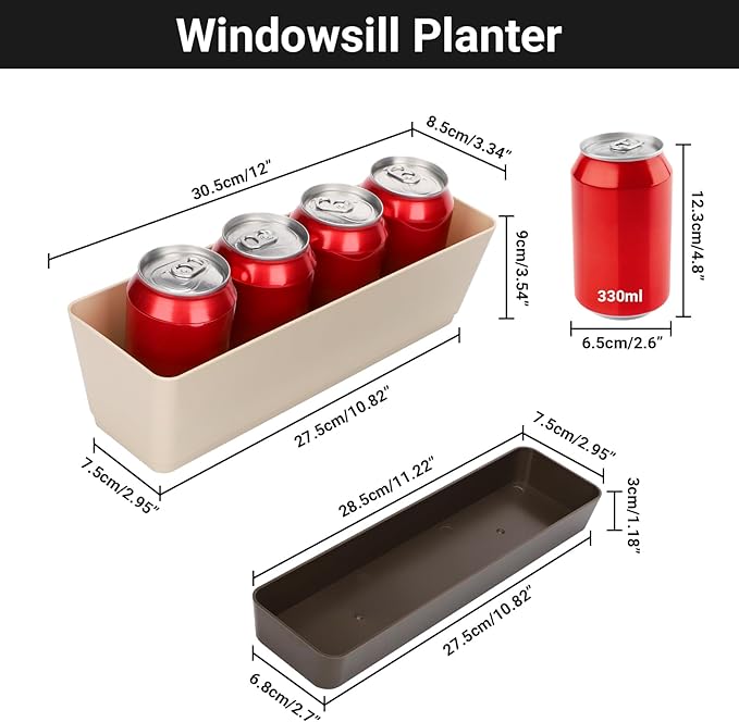 GREANER 6 Pack Window Box Planter,12x3.8 Inch Rectangle Herb Planter with Saucer, Modern Indoor Small Succulent Cactus Plastic Plant Pot for Windowsill, Garden Balcony, Home Office Outdoor Decoration