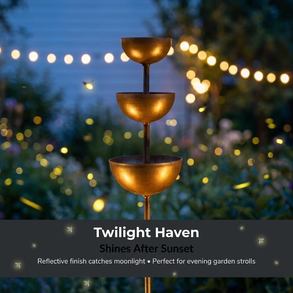 Rain Catcher Garden Stake with Water Bowls, 3-Tiered Metal Bird Bath & Bee Watering Station, Decorative Plant Support for Outdoor Patio Yard Lawn & Garden Art