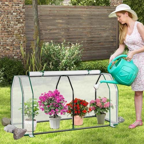 happygrill portable mini greenhouse with roll-up zipper door shown in use