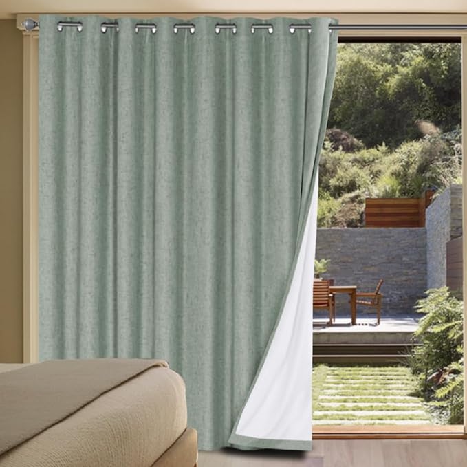H.VERSAILTEX White Linen Blackout Curtains Durable Thick Textured Linen Look 100% Blackout Patio Door Curtain Anti Rust Grommet Extra Wide Sliding Door Curtain Panel, W100 x L108 inch, Green Bay