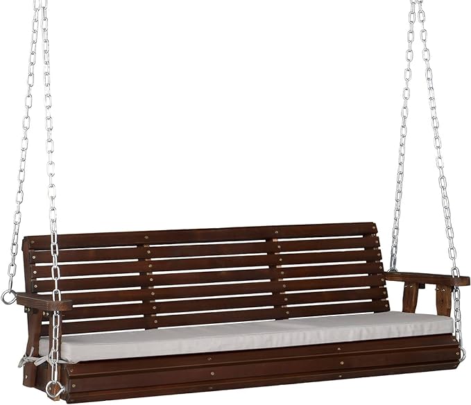 VINGLI Heavy Duty 880 LBS Patio Wooden Porch Swing Outdoor with Extra Cushion, Farmhouse Hanging Bench Tree Swing with Adjustable Chains for Yard | Garden | Lawn | Balcony (5 FT, Rustic)