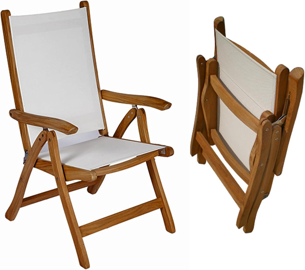 Royal Teak Collection FLBL Florida Teak Sling Chair, Reclining Outdoor Arm Chair, Adjustable Patio Chairs, Wooden Folding Chairs for Garden, Deck and Poolside Seating, Outdoor Furniture, White | Adjustable Reclining Patio Chairs with Black Sling, Teak